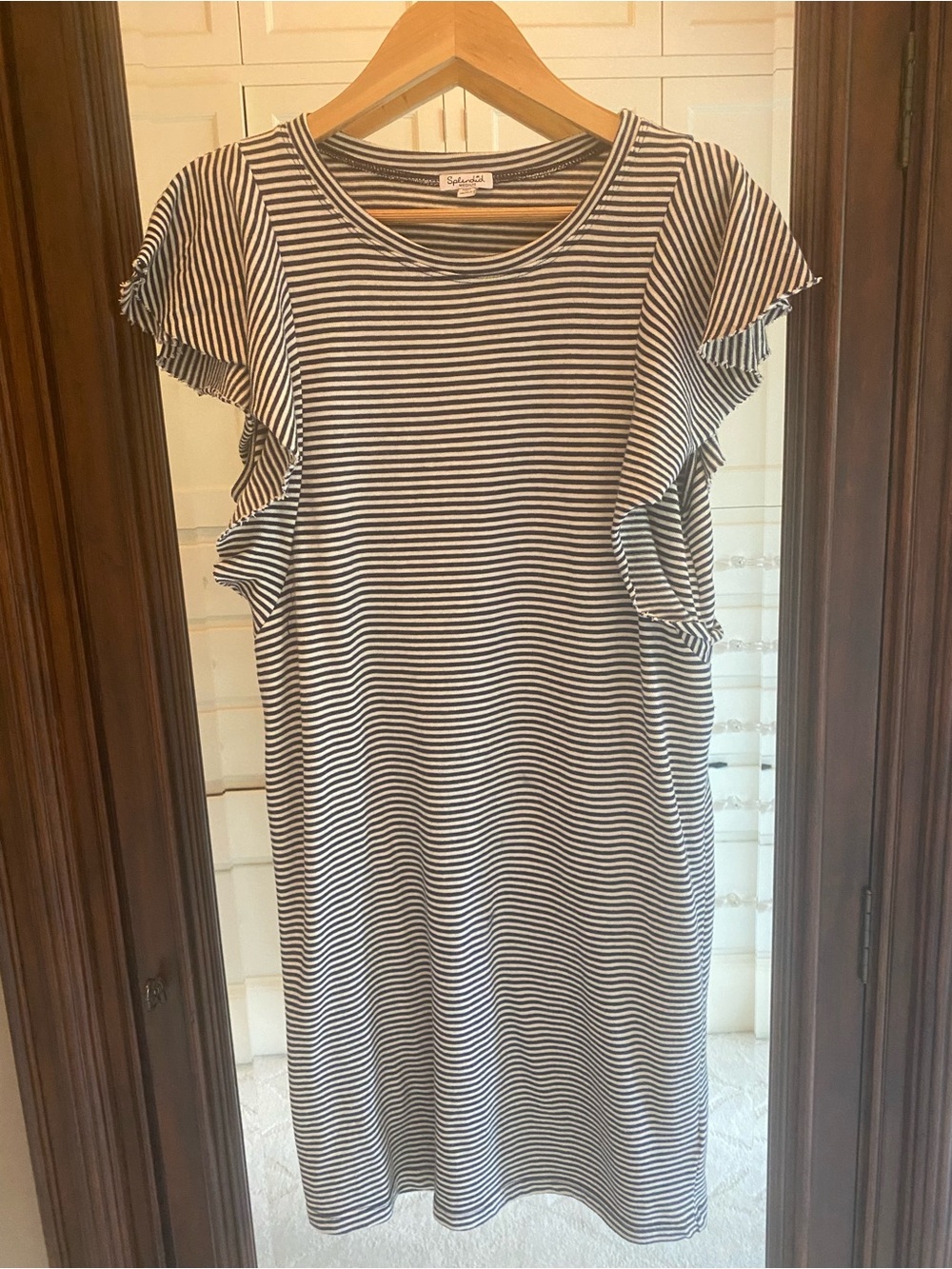 Splendid - Navy & White Striped Ruffle-Sleeve Tee-shirt Dress, Size M
